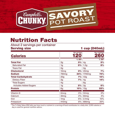 18.8 oz Campbells Chunky Soup, Savory Pot Roast Soup, Can