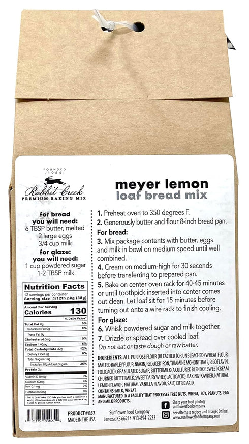 Rabbit Creek Meyer Lemon Loaf Mix Easy To Make Bread Mix, Made in the USA, Meyer Lemon Dessert Bread Mix with Glaze