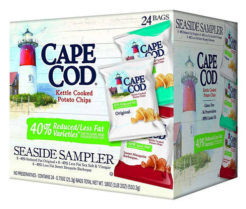 (24 Count) Pack Cape Cod Potato Chips, Reduced Fat Kettle Cooked, Seaside Sampler Variety
