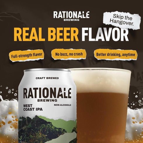 6 Pack 12oz Rationale Brewing Non Alcoholic Beer, West Coast IPA, Premium Craft NA Beer, Low Calorie Zero Alcohol