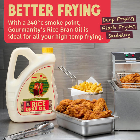1.32 100% (169 oz/1.32 Gourmanity Rice Bran Oil, Bulk Gallon Easy Pour Bottle, Heart Healthy Oil Made From Pure Rice