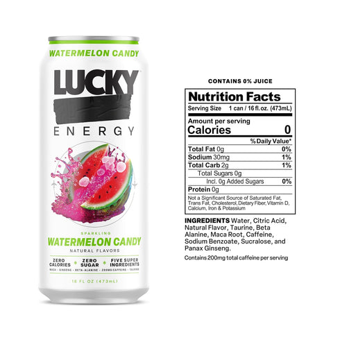 16oz (12-Pack) 200mg Lucky Energy Sugar Free Energy Drinks, Watermelon Candy, Cans Healthy, Zero Sugar Energy Drink