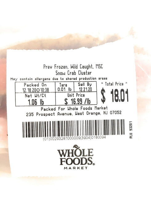 Seafood (Suppliers May Vary) Frozen Crab Cluster Snow Previously Marine Steward Council