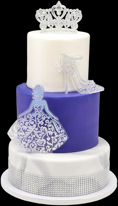 DecoPac Quinceanera Cake Topper - Glitter Cake Topper, Silver Cake Decoration, 3 Piece Set