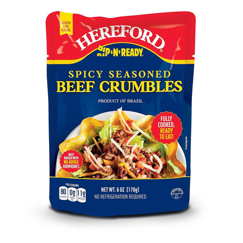 6oz, 12 Hereford Spicy Seasoned Beef Crumbles - Shelf Stable, Halal, Fully Cooked - Case