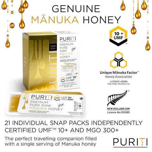 10+ (MGO300+) 21 0.18oz Packets, PURITI Genuine Raw Manuka Honey Snaps On The Go - UMF x Individual Snap Single Serve