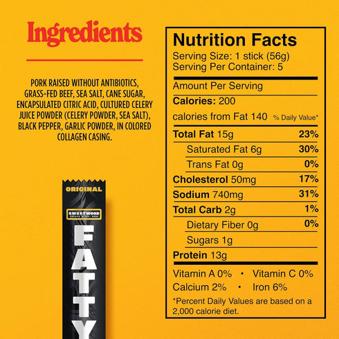 13g 2 oz. (Pack 5) FATTY Meat Sticks, Made with Grass Fed Beef, Pork Raised Without Antibiotics, Protein Per Stick