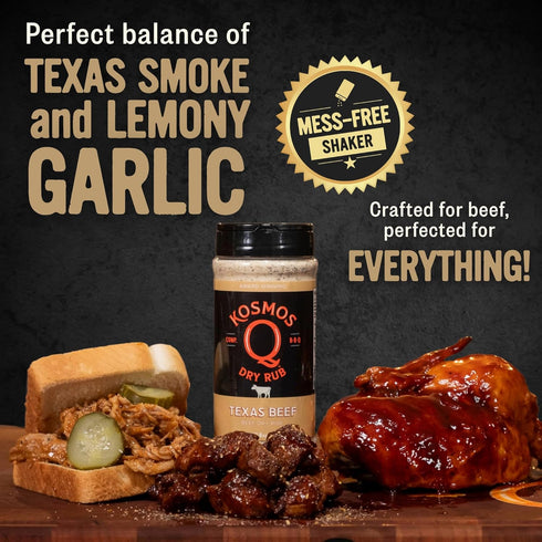13.8 Oz Kosmos Q Texas Beef Dry Rub, Steak Seasoning with Garlic, Onion, Lemon & Savory Spices for Steak, Beef Ribs