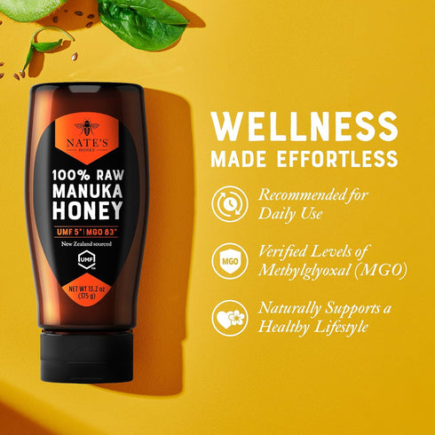 83+ 5+ 13.2 oz Nate's Raw Manuka Honey New Zealand MGO | UMF Certified | Squeeze Bottle