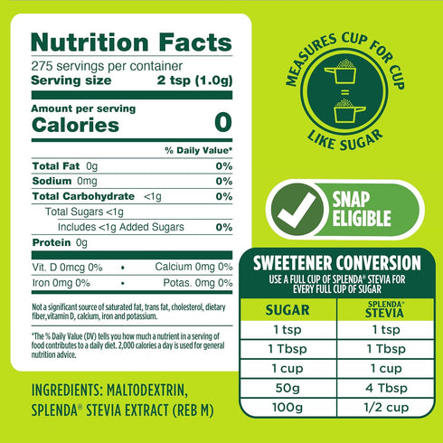 SPLENDA Stevia Zero Calorie Sweetener, Plant Based Granulated Powder for Baking, 9.7oz Resealable Pouch