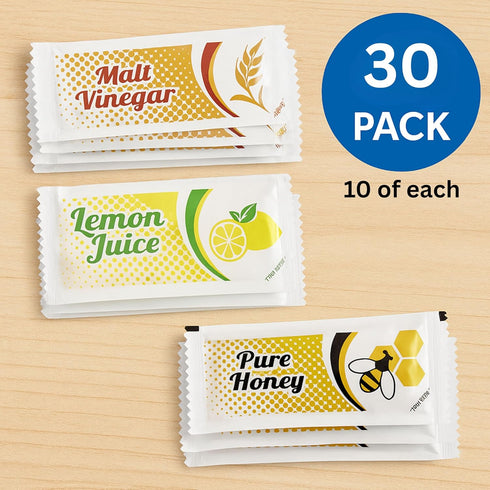 Vallary Pack 30 Count (10 Packets Honey, Lemon Juice & Malt Vinegar Variety Each) | Single Serve Condiment for Salads