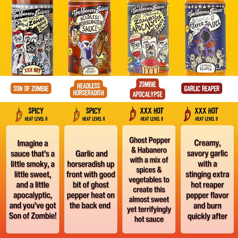 4 pack, 5oz Torchbearer Hot Ones Variety Hot Sauce - Garlic Reaper, Son Of Zombie, Zombie Apocalypse, Headless
