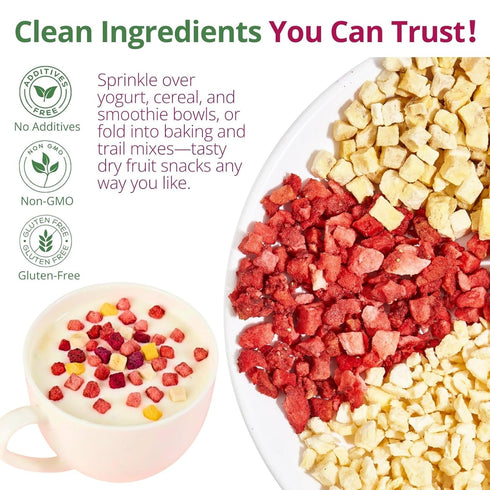 5.29oz 100% Freeze Dried Mixed Fruits - Real Crunchy Mixed Dehydrated Fruit Cubes with Strawberry, Dragon Fruit, Peach