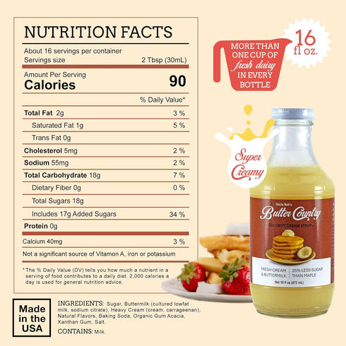 Country 16 oz Bottle/2 Pack Uncle Bob's Butter Rich & Creamy Coconut Syrup for Pancakes and Waffles, Less Sugar, No
