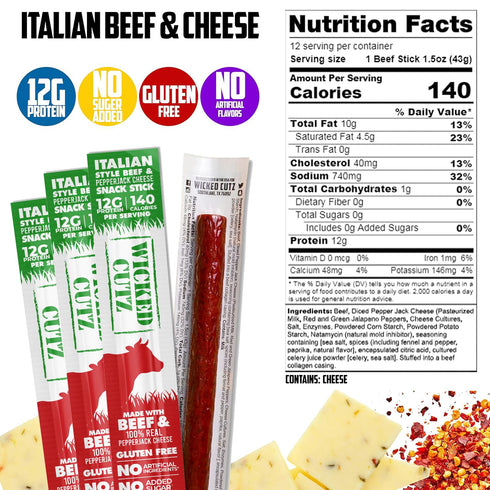 12g (12 Pack) Italian Beef & Cheese Sticks, Protein Per Beef Stick, Tender & Juicy Meat Stick with Real Pepper Jack