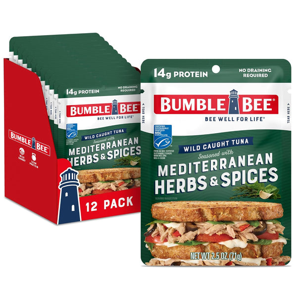 Bumble Bee Mediterranean Herbs & Spices Tuna, 2.5 oz Pouch (Pack of 12) - Wild Caught, Ready to Eat
