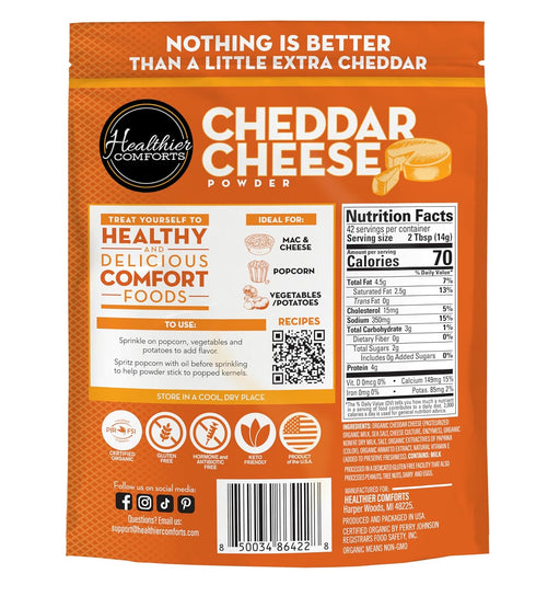 (21 oz) Healthier Comforts Organic Cheddar Cheese Powder | Gluten Free, Keto-Friendly, Non-GMO, Antibiotic & Hormone