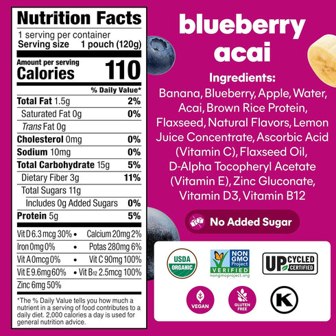4.22 oz, 24 Count Noka Superfood Fruit Smoothie Pouches, Blueberry Acai, Healthy Snacks with Flax Seed, Prebiotic Fiber