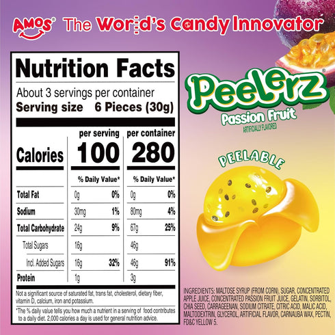 85 Pack AMOS Peelerz Passion Fruit g Tropical Snack, Pre-Peeled Style Passion Fruit Candy,Fruity Flavor & Peelable
