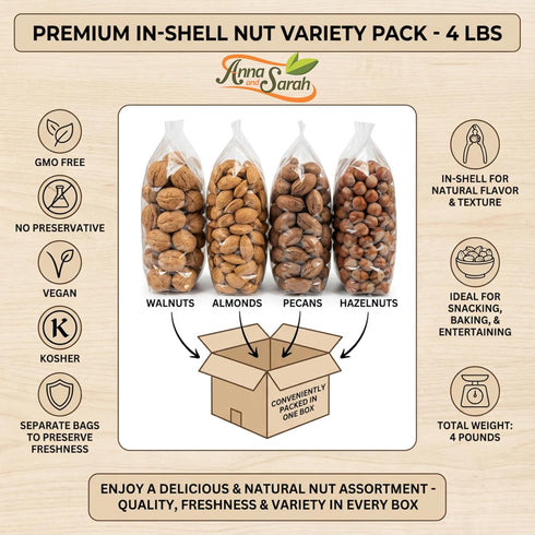 Pack, 4 lbs, Packed Premium In-Shell Nut Variety Mixed Nuts in Shell, Walnut, Almond, Pecan & Hazelnut, Separate Bags
