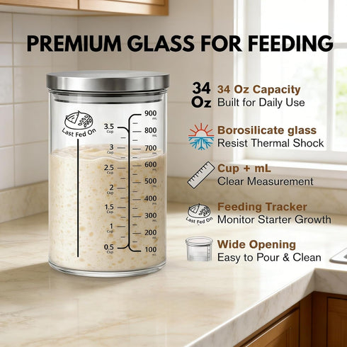 KitchenPal 34Oz Sourdough Starter Jar Kit with Date Band, Thermometer & Wooden Spurtle Glass Sourdough Starter