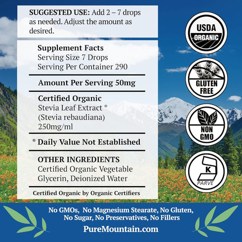 Pure Mountain Botanicals Organic Liquid Stevia Sweetener – Alcohol Free, Kosher Sugar Substitute Stevia Drops - 2oz