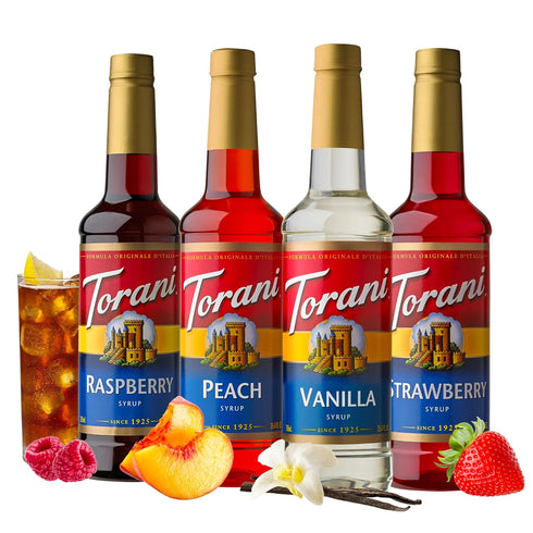 Pack, 25.4 oz (Set 4) Torani Flavored Drink Syrup Soda Shop Variety Raspberry, Peach, Vanilla & Strawberry, fl