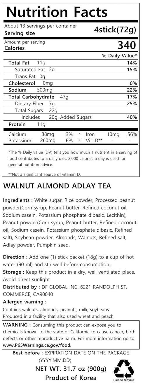 18g 50 Damtuh Walnut Almond Adlay Tea Drink Mix Korean Yulmu Cha (Jobs Tears) Roasted Grain & Nut Latte-Style Powder