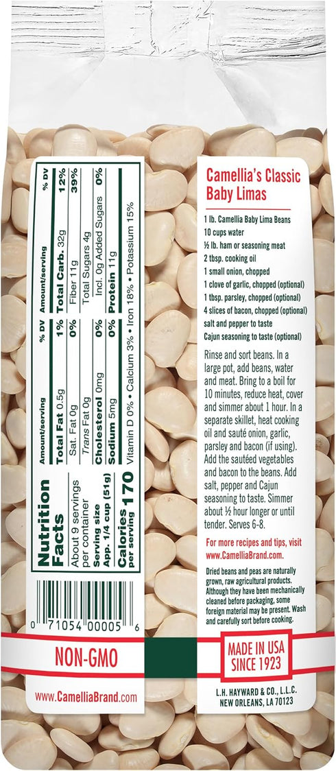 1 (Pack 6) Camellia Brand Dried Baby Lima Beans Premium Small White Butter Beans for Southern Cooking, Succotash