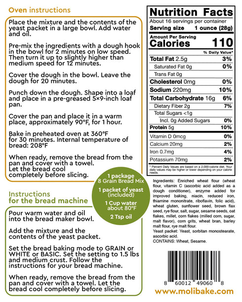 8 15 oz Molibake Grain Bread Mix - All-Natural Multigrain Baking Mix for Bread Machine and Oven - - Multigrain Grain