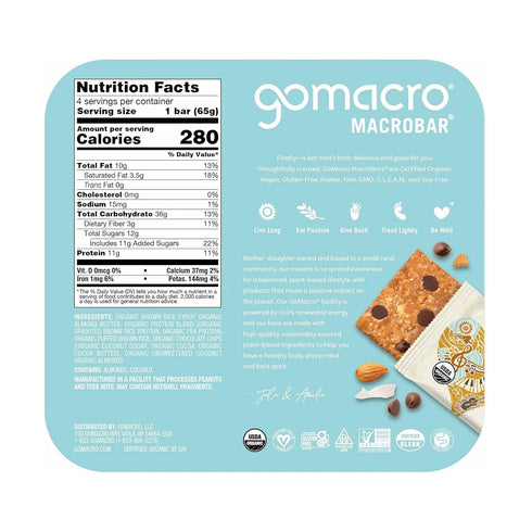 4 Count, 2.3 OZ GOMACRO Organic Coconut Almond Butter Chocolate Chip Bars