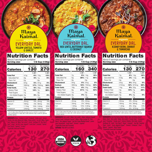 6 pack 10oz Maya Kaimal Foods - Organic Indian Everyday Dal - variety of Ready to Eat Meals - Fully Cooked - Vegan
