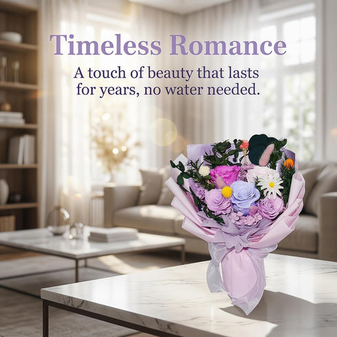 5 1-3 Preserved Flowers Bouquet Real Roses, Flowers for Delivery, Long-Lasting Mixed Purple Roses & Daisies Bouquet