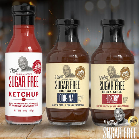 18 Oz, 18 Oz, 13 Oz (3 Pack) G Hughes Sugar Free, BBQ Sauces & Ketchup Bundle - Original Sugar Free BBQ Sauce - Hickory