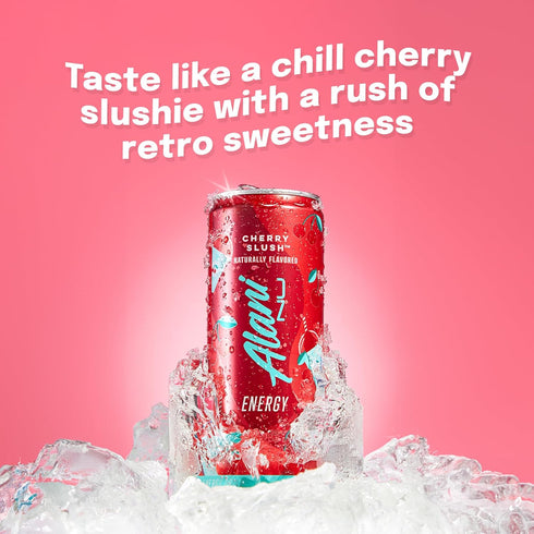 200mg 10 12 Oz 24 Pack Alani Nu CHERRY SLUSH, Sugar Free, Low Calorie Energy Drinks, Caffeine, Biotin, B Vitamins, Zero