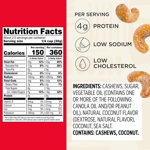 2.5 oz 6 Pack Snak Club Honey Cashews, Honey Glazed Nuts, Kosher Snack, Bags