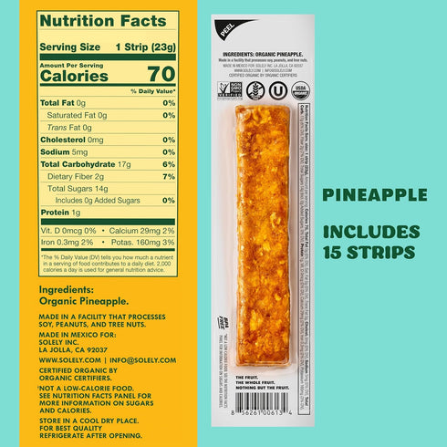 15 0.8oz (23g) SOLELY - Organic Pineapple Fruit Jerky - Individually Wrapped Strips - Fruit Leather Made from Dried