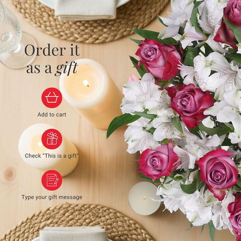 BloomsyBox Forever Blooming Bouquet Fresh Purple Roses & White Alstroemeria (Glass Vase Included) Fresh Flowers