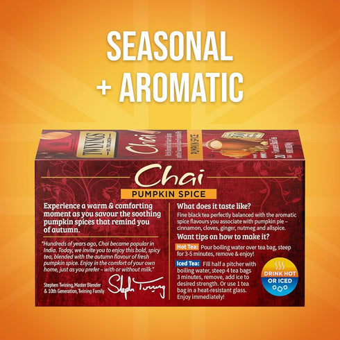 20 Count (Pack 1), 20 Twinings Pumpkin Spice Chai Black Tea Individually Wrapped Bags, of Warm, Spicy & Aromatic
