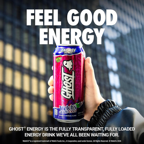 12-Pack, 16oz 200mg GHOST Energy Drink - Welch's Grape-Cran, Cans - Energy & Focus & No Artificial Colors - of Natural