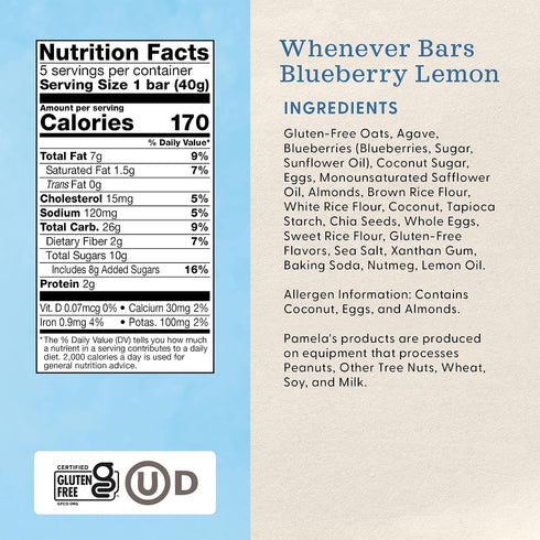7.05 Oz, 30 Count, Pack 6 Pamela's Products Gluten Free Whenever Bars, Blueberry Lemon Box