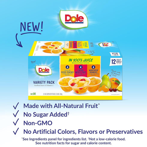 100% Pack 4oz 12 (Pack 2) Dole Fruit Bowls in Juice Variety Snacks, Peaches, Cherry Mixed Fruit, Mandarin Oranges