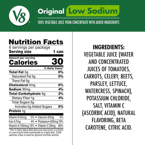 V8 100% 5.5 oz (6 Pack) Low Sodium Original Vegetable Juice, fl Can