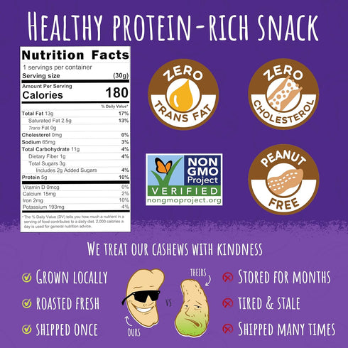 12-Pack, 1.05 oz. Packs Sunshine Nut Company Whole Roasted Lightly Salted Cashews, Sugar and Spice Flavor, Each, Gluten