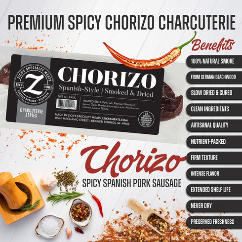 (8oz) Zicks Specialty Meats Spanish Chorizo Sausage | Healthy & Organic Spanish Chorizo | Premium Naturally Cured