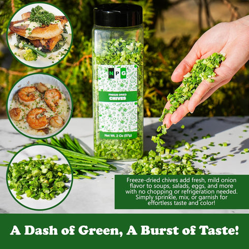 2 Oz, NPG Freeze-Dried Chives Dehydrated Chopped Chives, Mild Onion Herb for Cooking, Soup, Ramen, Stir Fry & Garnish