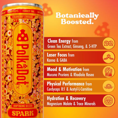 12 Oz Polkadot Spark Seltzer, Strawberry Lemonade Flavor, Sparkling Drink with L-Theanine, Lions Mane, Ginkgo
