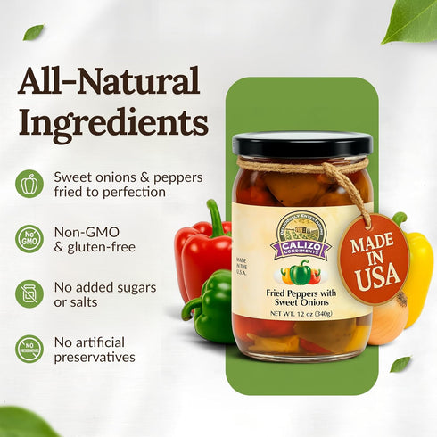 12 oz Calizo Condiments Fried Peppers & Sweet Onions Jar Small Batch Italian Recipe, Gourmet Topping for Sandwiches