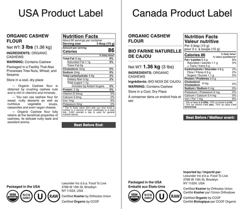 3 Food to Live Organic Cashew Flour, Pounds - Non-GMO, Finely Ground Nuts, Raw Powder, Natural, Paleo, Kosher, High