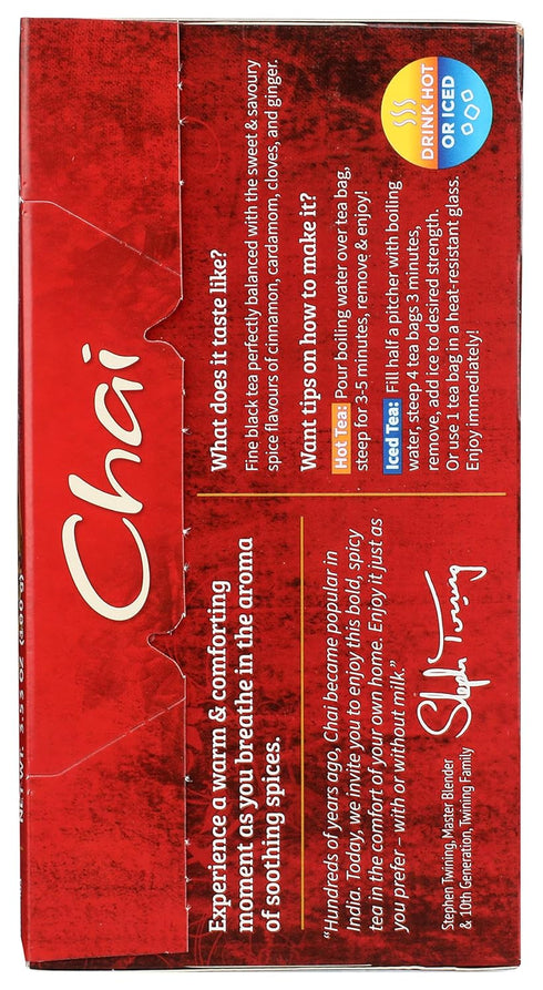 50 Count Twinings Chai Black Tea Individually Wrapped Bags, Sweet, Savoury Spices, Caffeinated, Enjoy Hot or Iced